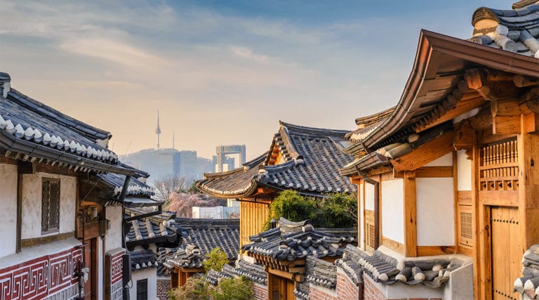 Bukchon Hanok Village and Seoul city skyline, Seoul, South Korea