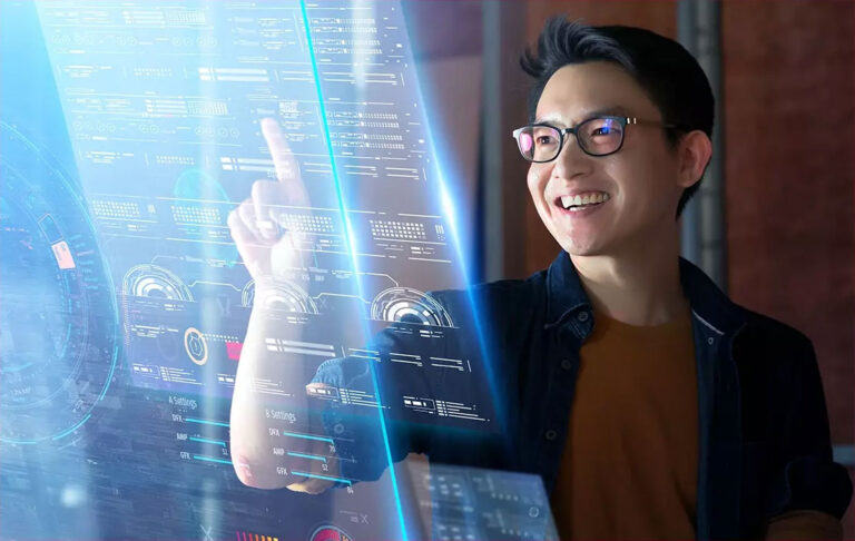 Business professional tapping transparent display screen